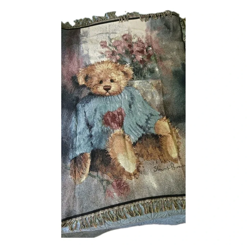 Stewart Anderson Teddy Bear Throw Blanket Pastel Flowers Fringe 50x70